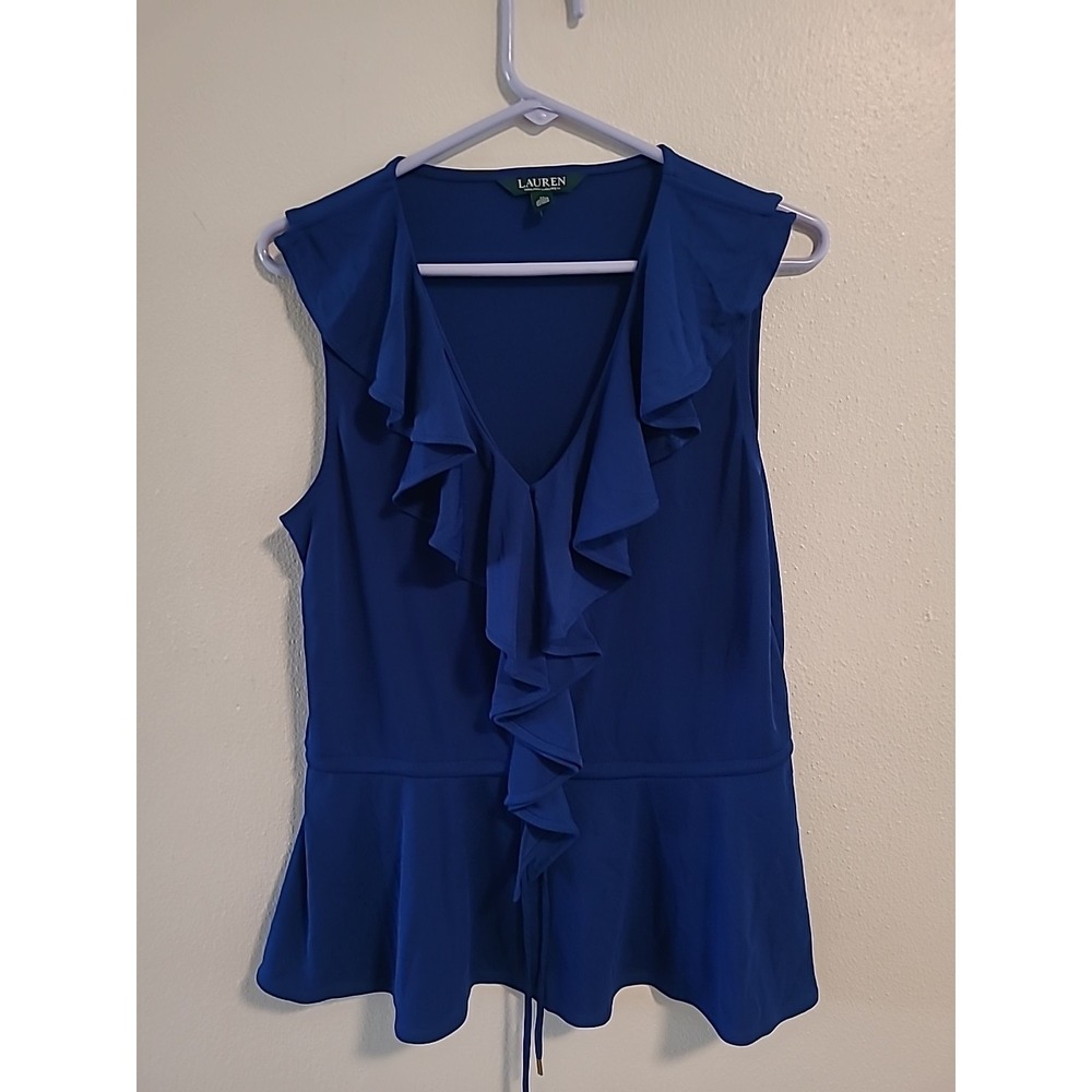 Lauren Ralph Lauren Womens M Sleeveless Ruffle‎ Tie Waist Blouse Top Blue